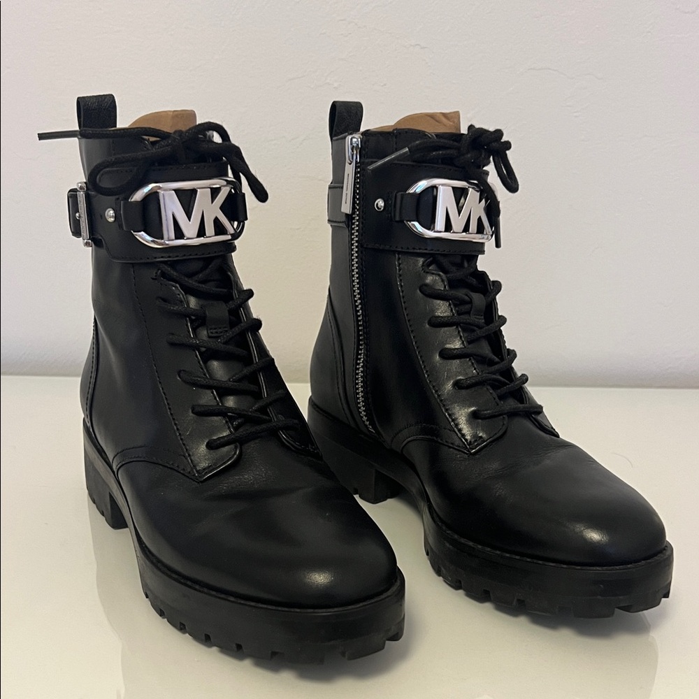 Michael Kors Black Leather Silver Detail Combat Boots